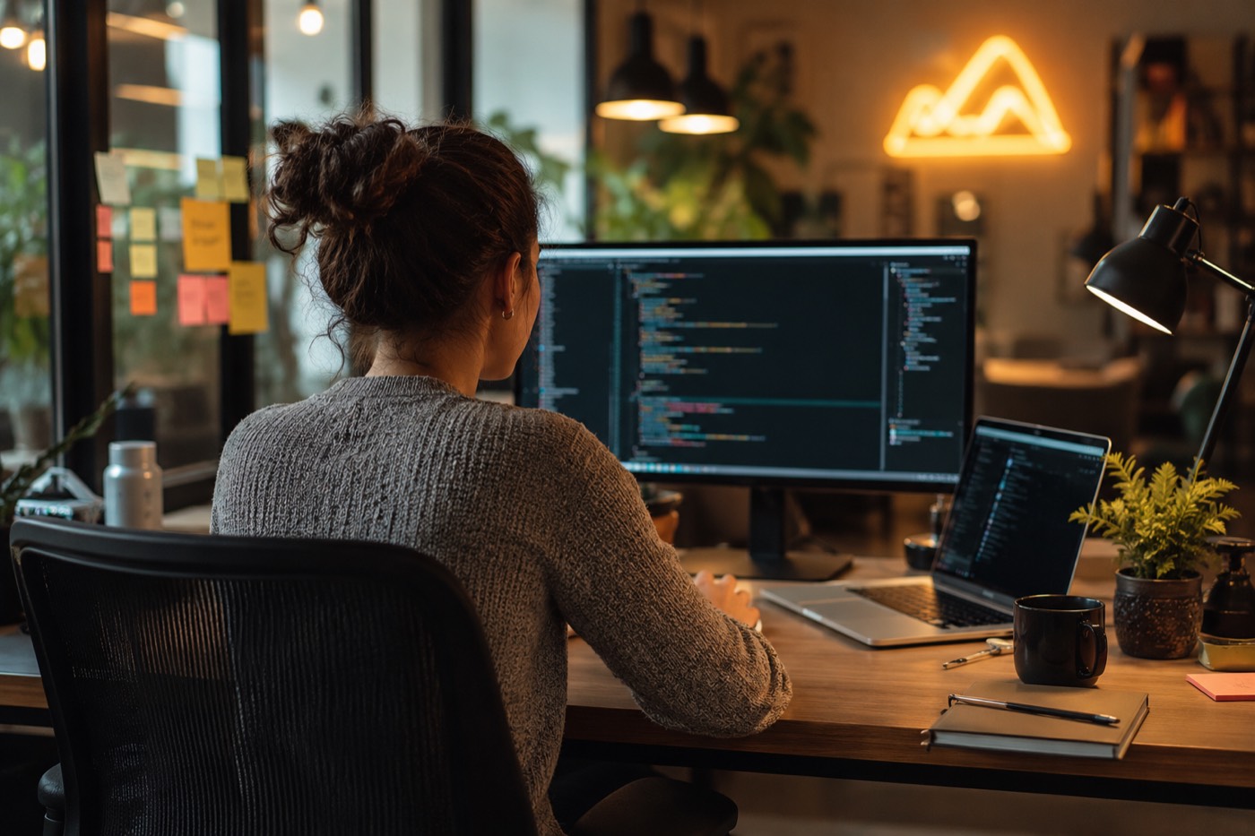Developer coding a SignWell API integration at a dual-screen workstation